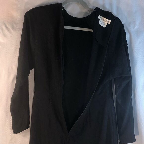 Joanie Char Black Vintage Silk Mid Length Embossed Ruched Long Sleeve Dress 6 - Picture 5 of 6
